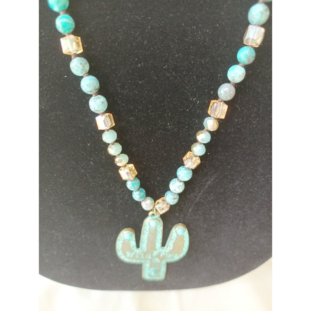 Wild & Free Cactus Pendant Beaded Necklace Turquoise Bronze Boho Southwestern - Picture 4 of 9